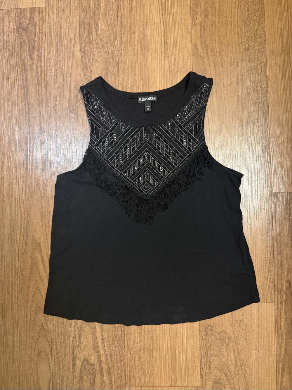 Express Tank Top with Fringe, Sequins, and Beading in Black